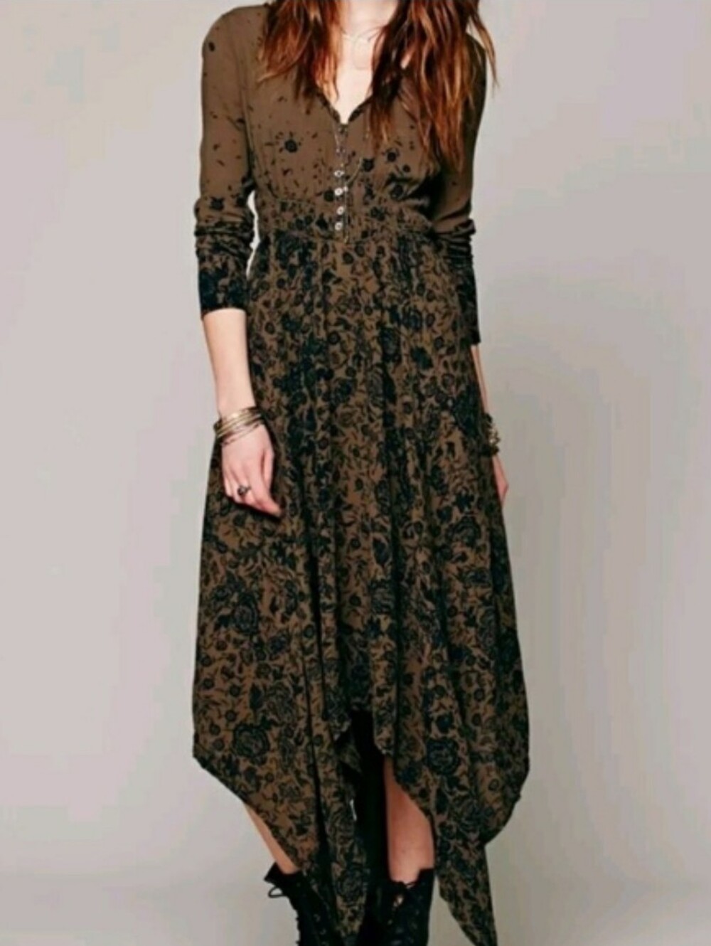 Olive Green Floral Handkerchief Hem Dress